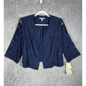 Maya Brooke Crinkle Sequin Lace Open Front Blazer Jacket Women 14W Navy Blue NWT